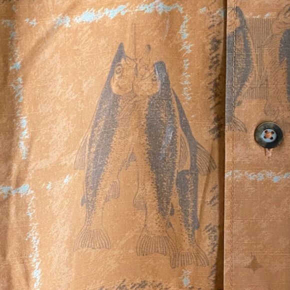 Columbia River Lodge Shirt Mens XL Orange Fishing Print Button Up Short Sleeve - Picture 5 of 8